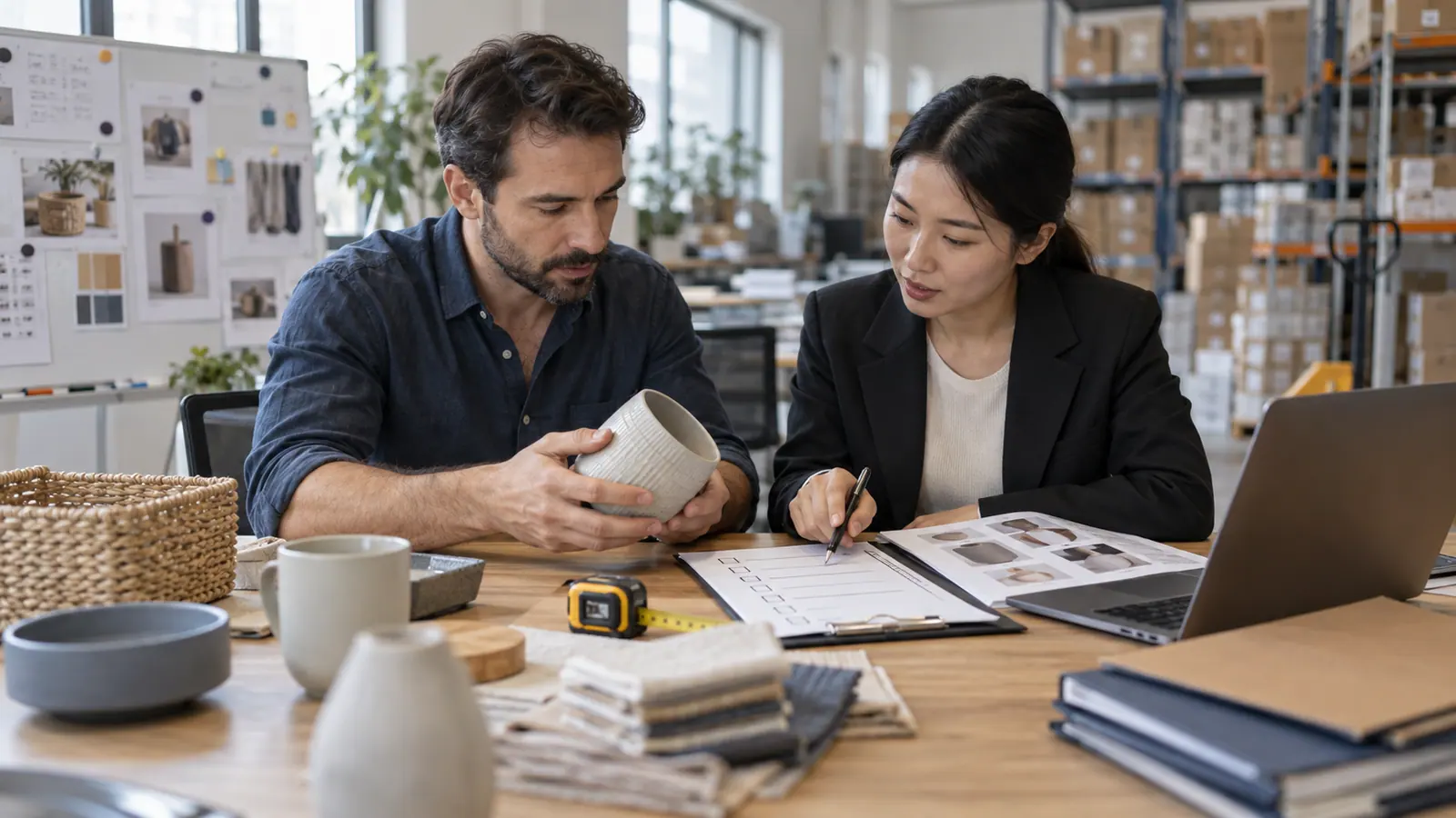 Buyer and China sourcing coordinator reviewing product samples and sourcing requirements