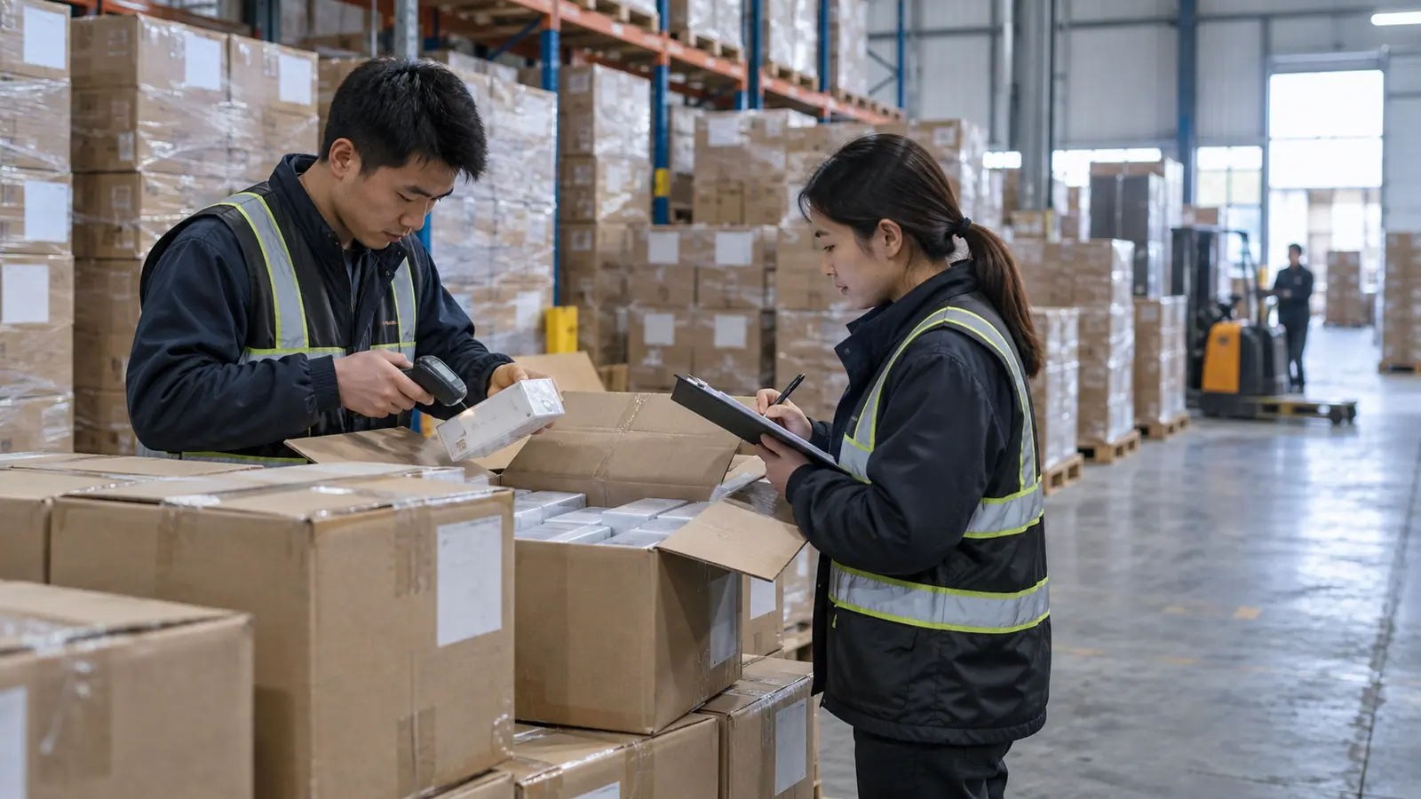 Warehouse staff checking carton labels and product quantities before shipment