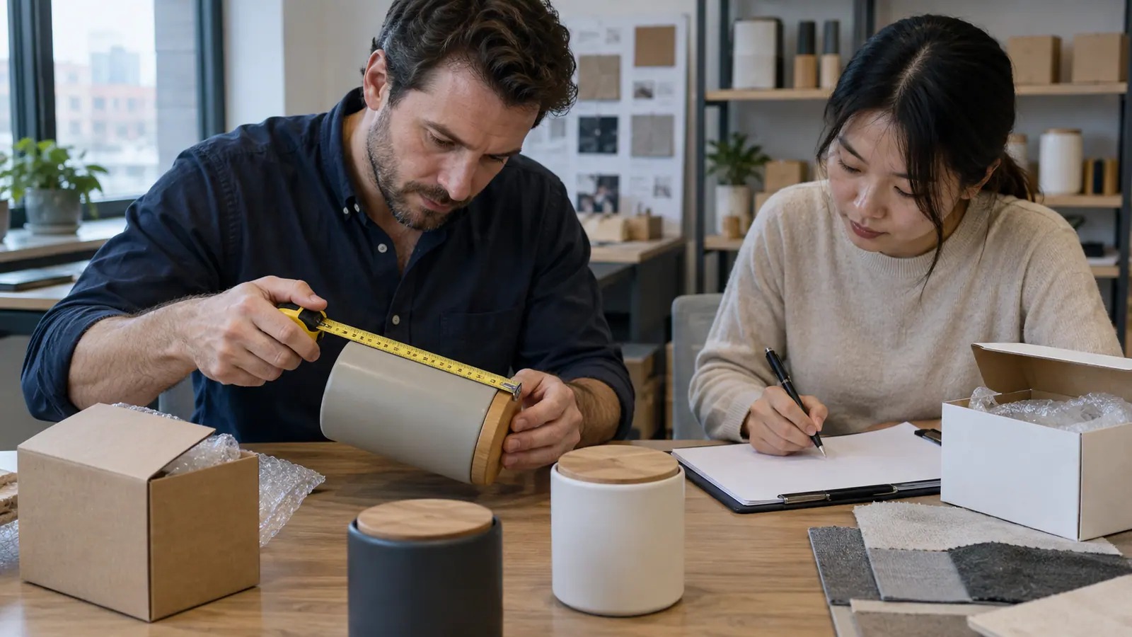 Buyer measuring an unbranded product sample beside packaging references
