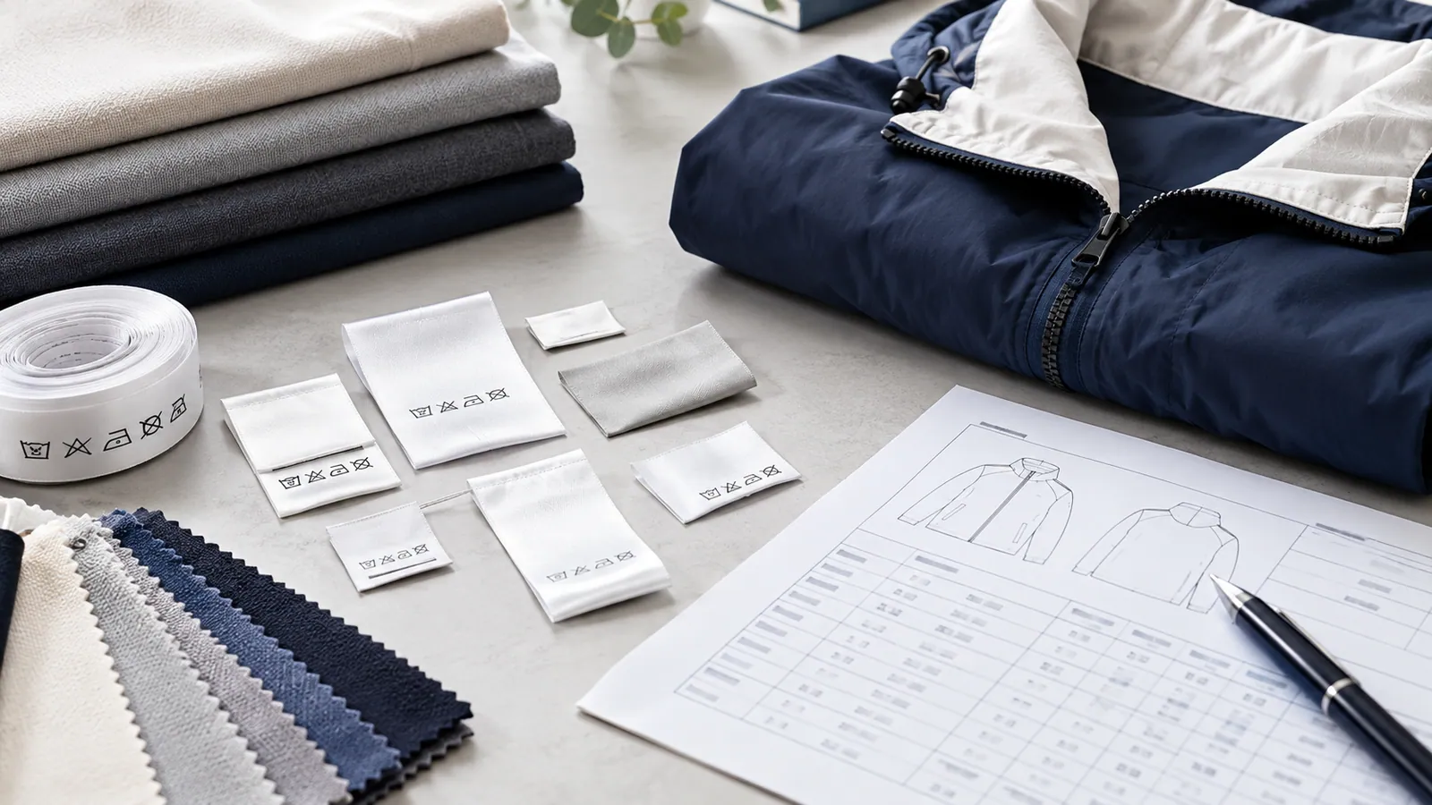 Care-label samples, fabric swatches and a jacket specification sheet beside a navy jacket