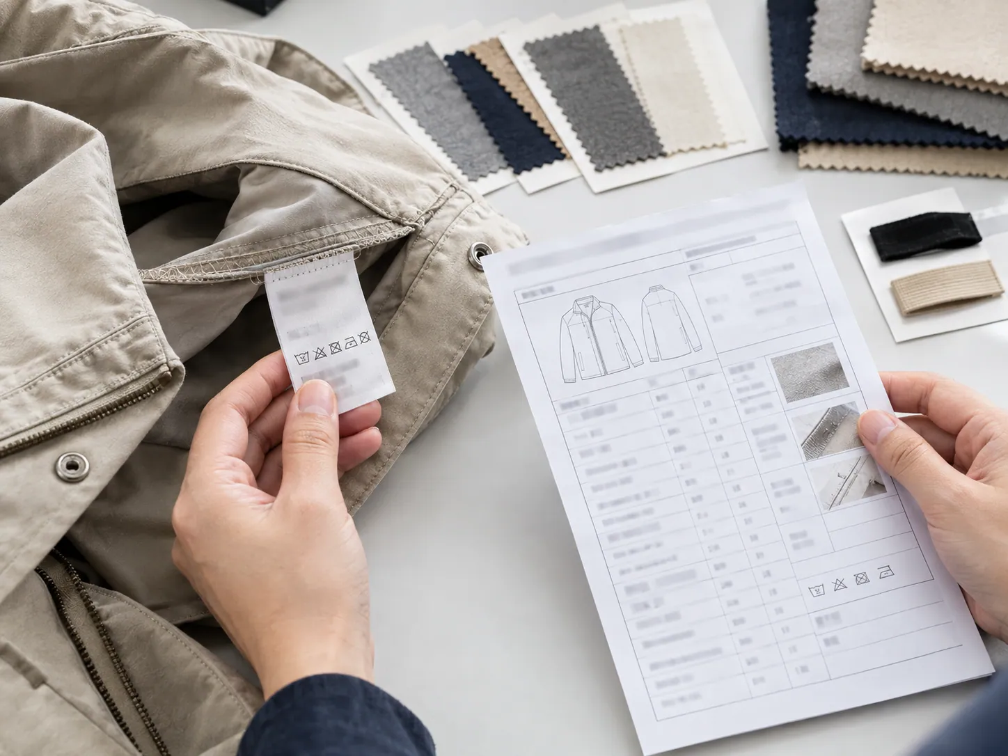 Hands comparing a sewn care label in a beige jacket with a garment specification sheet
