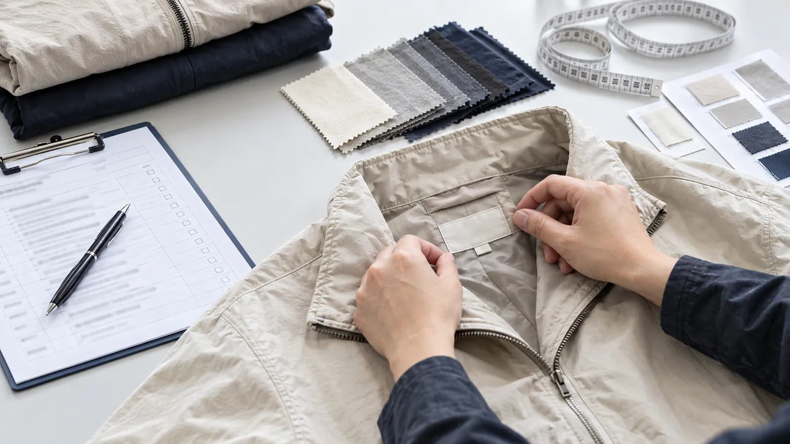 Hands checking a sewn label at the neckline of a beige jacket during a garment review