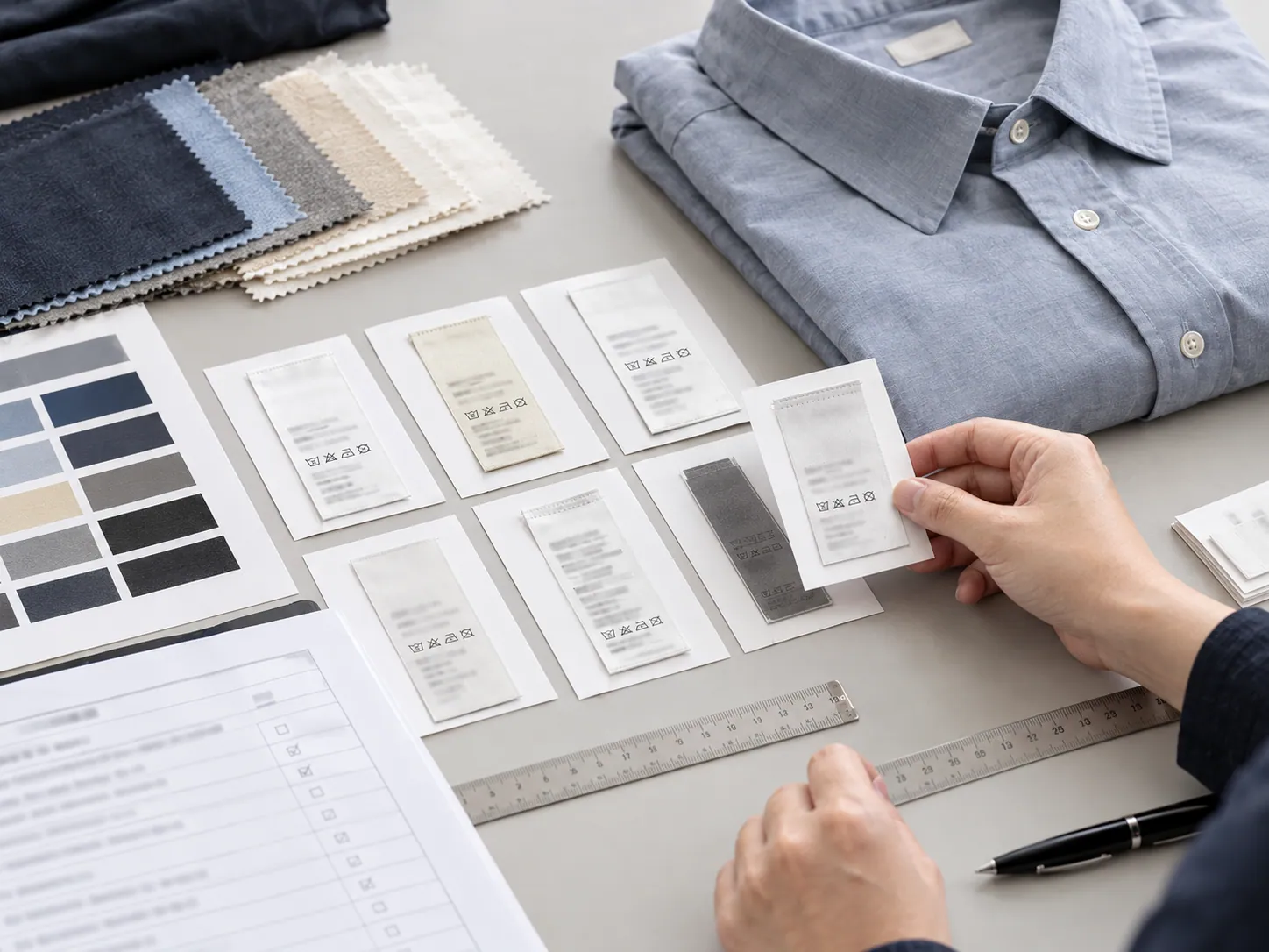 Buyer selecting a care-label proof beside a folded blue shirt and fabric swatches