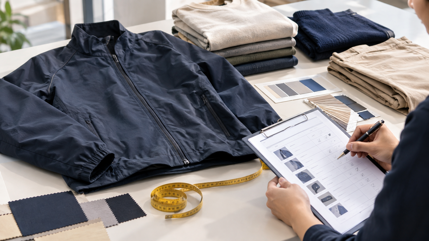 Apparel sample, fabric swatches and approval checklist on a review table