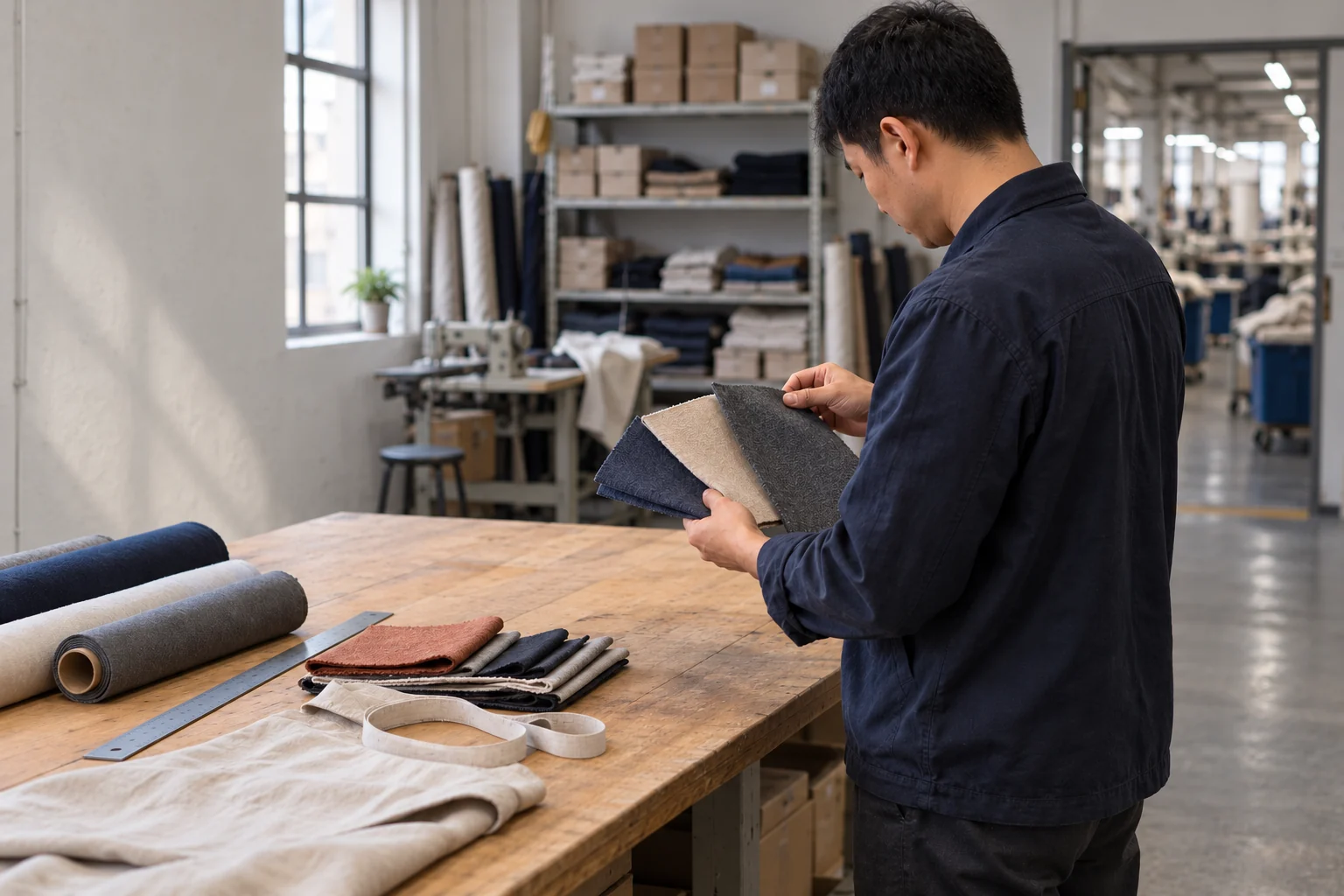 A sourcing professional comparing unbranded fabric samples in a factory sample room