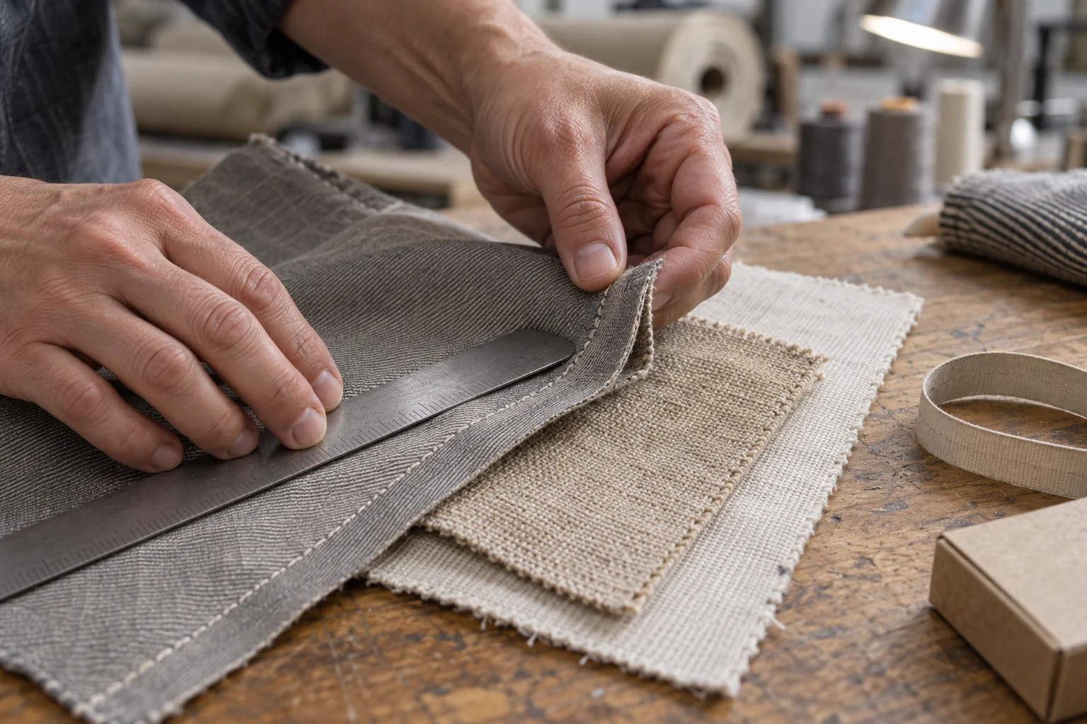 Hands checking a fabric edge and measurement against a ruler on a sample table