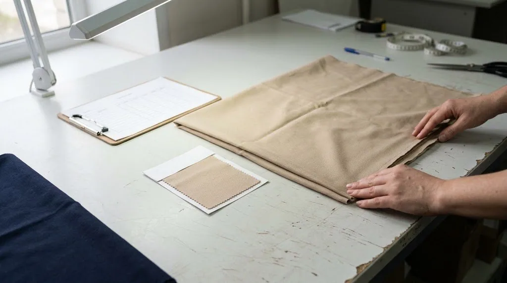 Hands arranging beige fabric beside a smaller swatch and inspection clipboard
