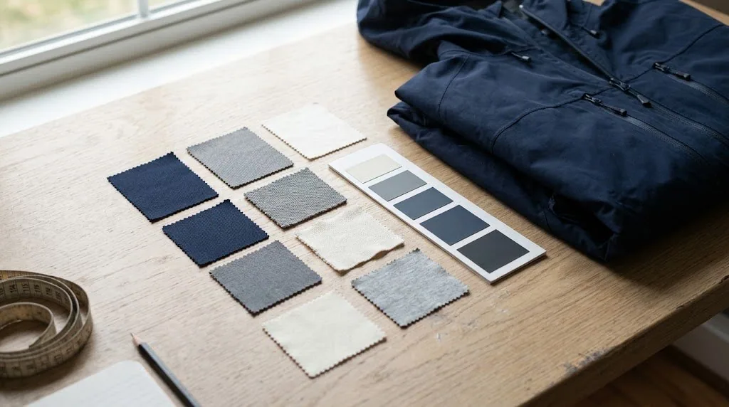 Navy, grey and ivory fabric swatches beside a colour card and folded navy jacket