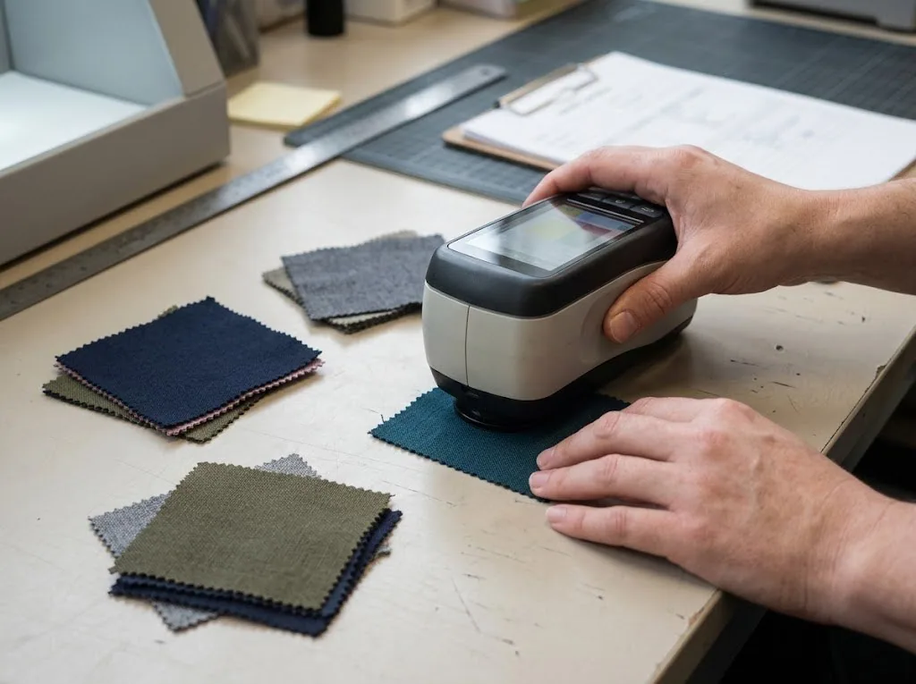 Hands measuring a fabric swatch with a handheld colour measurement instrument