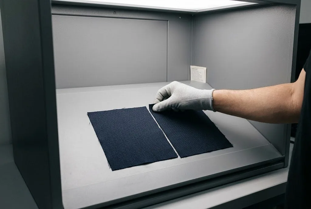 Gloved hand positioning two navy fabric samples side by side in a colour assessment booth