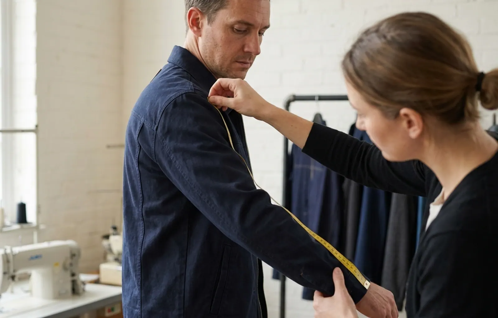 Buyer reviewing a controlled product specification with a neutral material sample and measuring tools