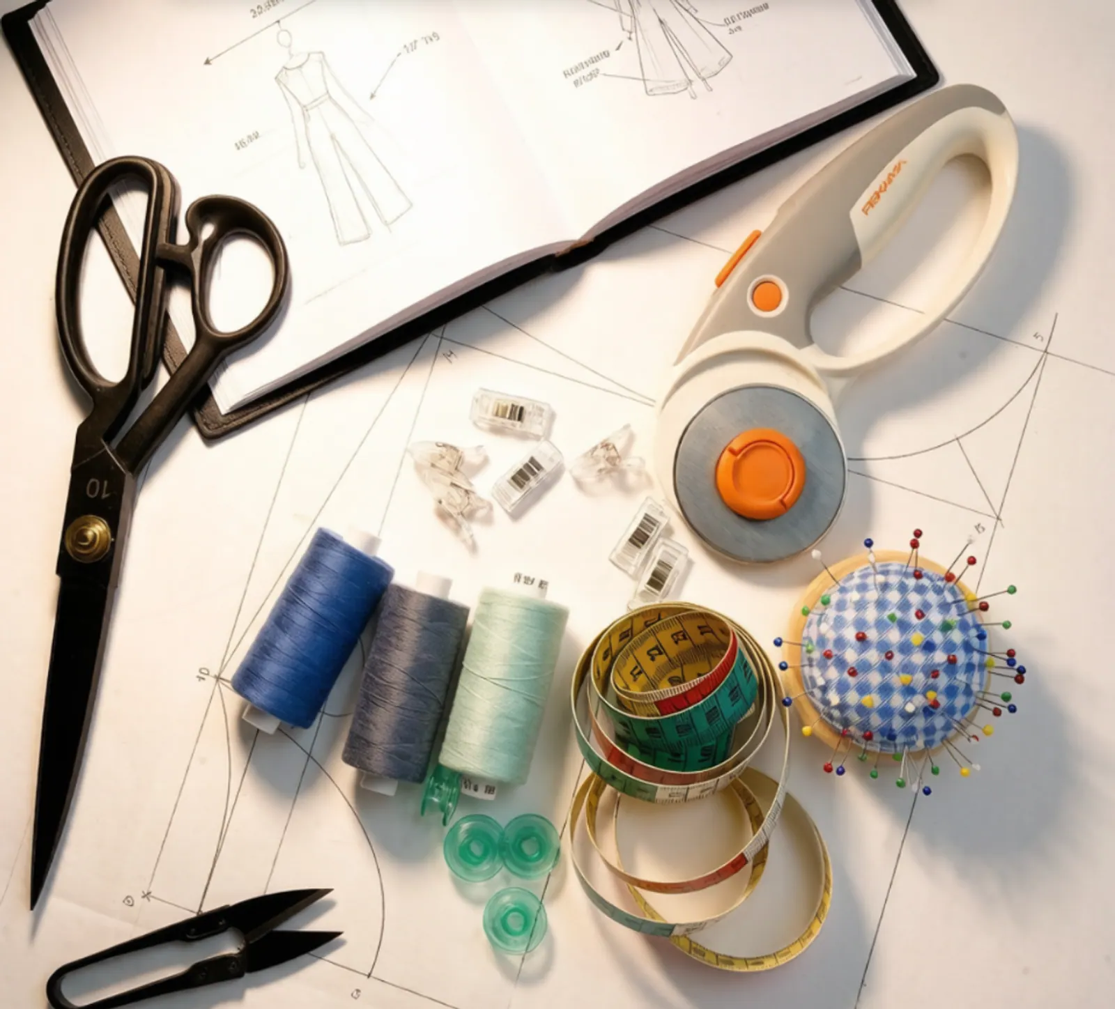 Buyer checking garment measurements against a product specification drawing with sewing tools