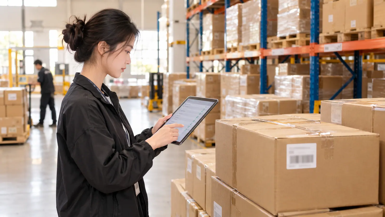 Sourcing coordinator checking Amazon FBA shipment cartons and a dispatch checklist in a China warehouse