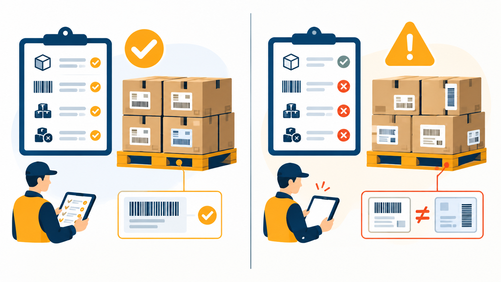 Visual comparison of an aligned FBA shipment record and a carton with mismatched labels