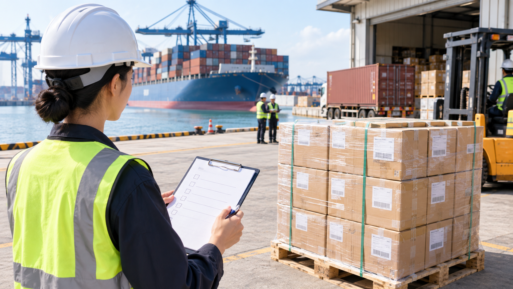 Freight handover team checking neutral cartons on a pallet near a container port