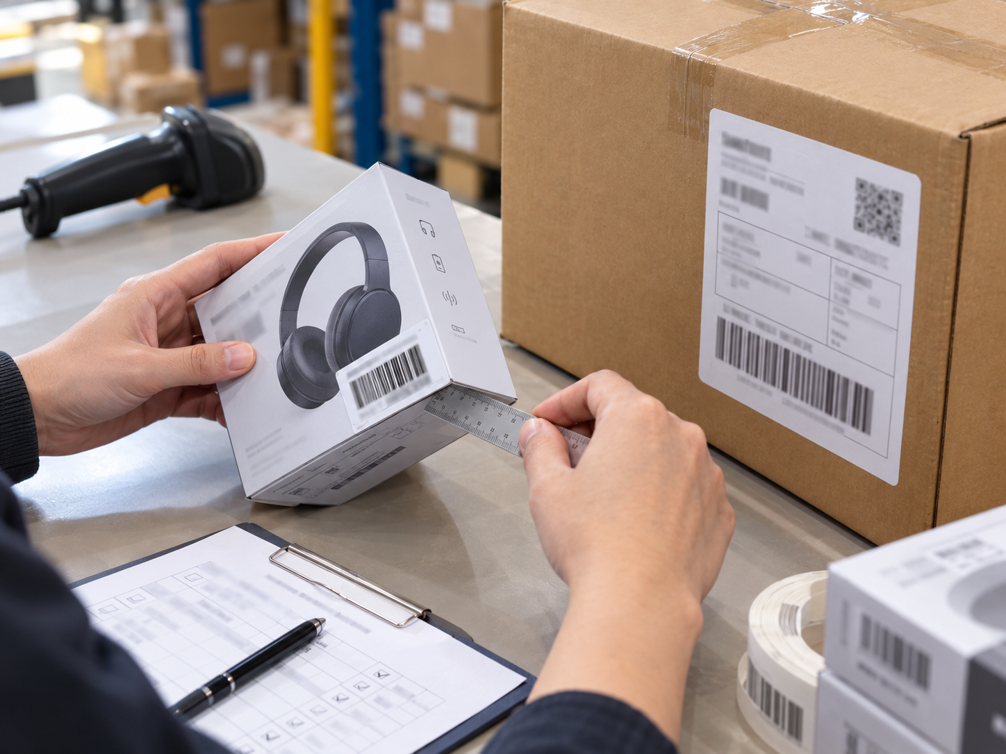 Worker checking a product barcode and carton label placement on a warehouse packing table