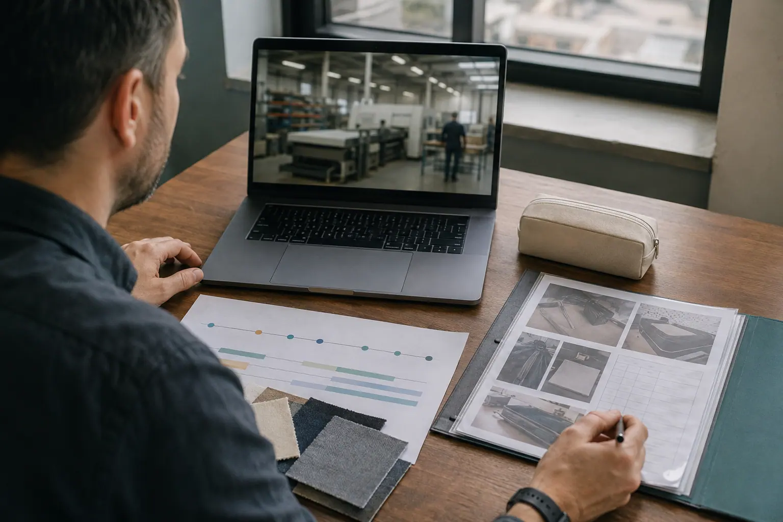 Buyer reviewing supplier documents and material samples during a remote factory walkthrough