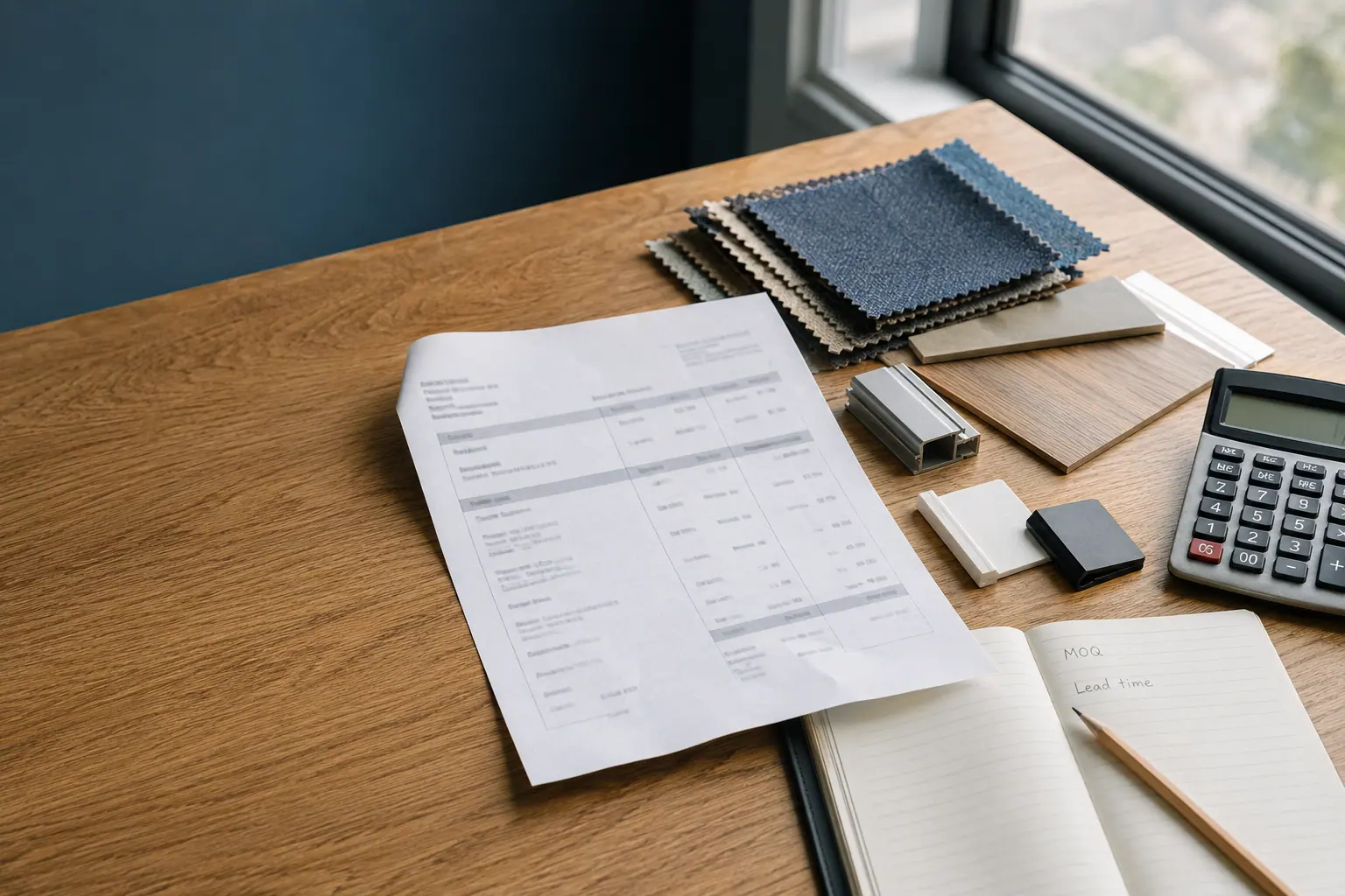 Supplier quotation, product samples and material swatches on a buyer's desk