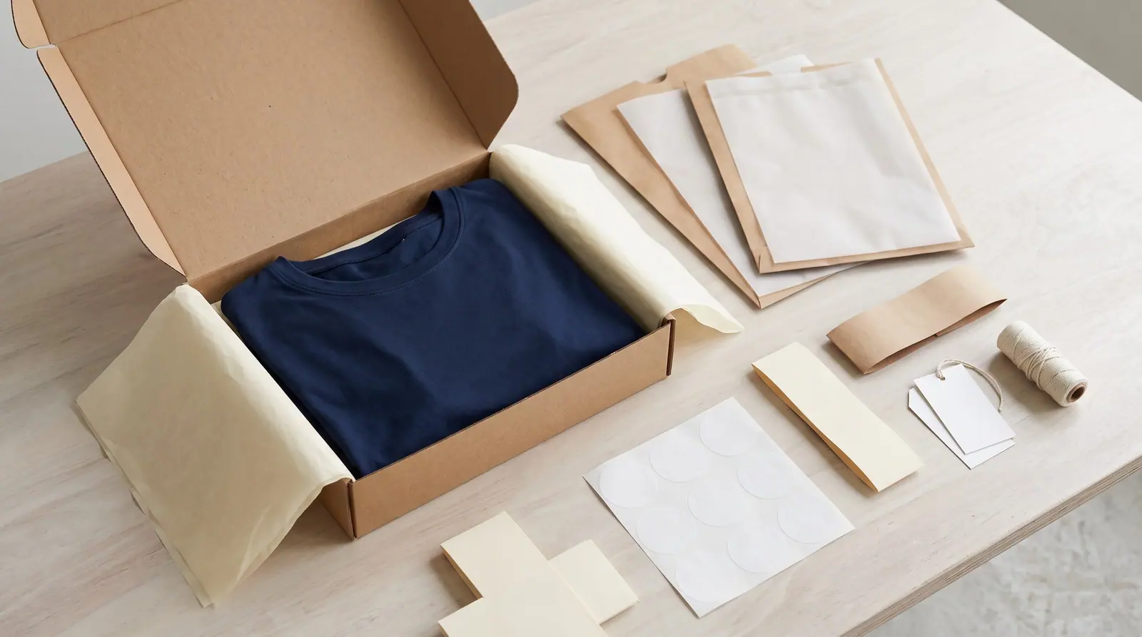 Folded navy shirt in a kraft box with tissue paper, garment bags, blank tags and sealing stickers