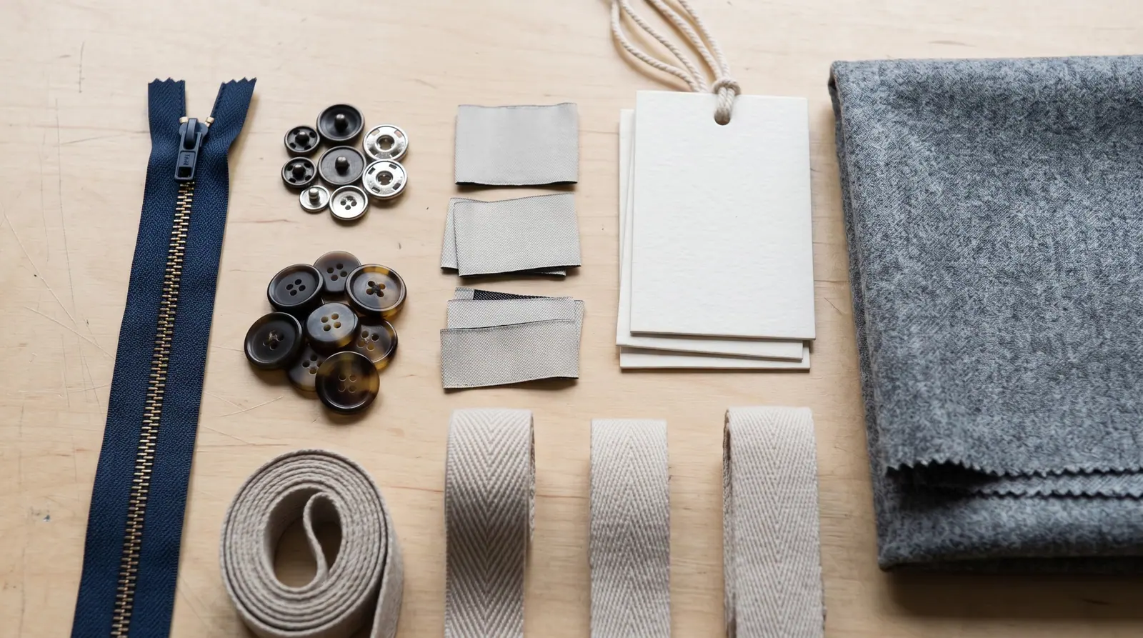 Navy zipper, buttons, metal snaps, blank labels, hangtags and woven tapes beside grey fabric