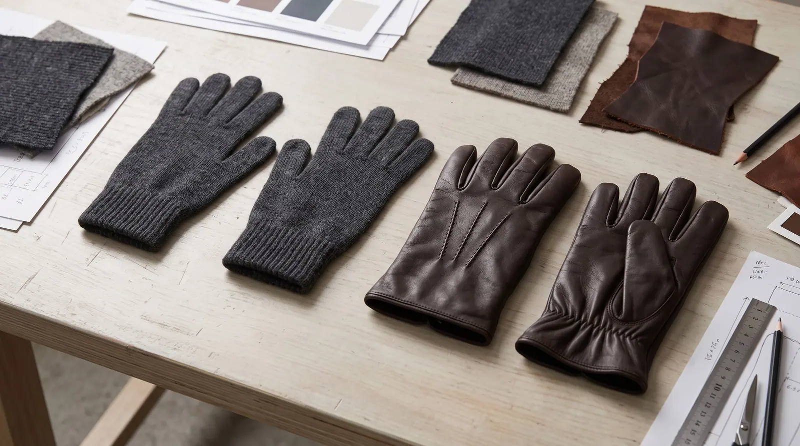 Charcoal knitted gloves and dark brown leather gloves beside matching material swatches