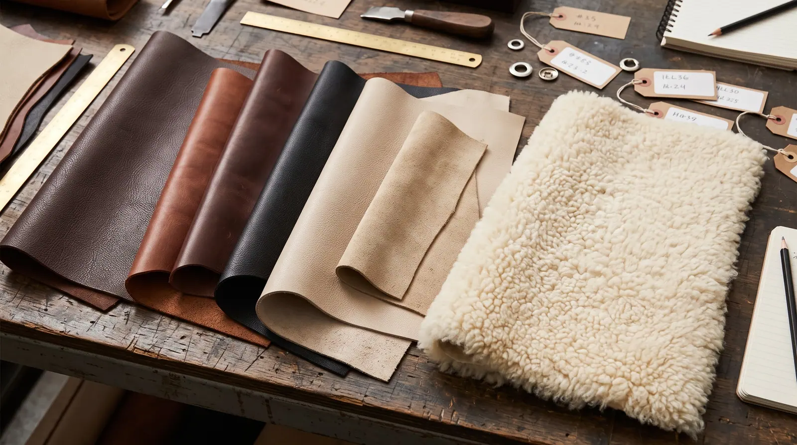 Brown, black and beige leather swatches with a cream shearling sample on a materials worktable