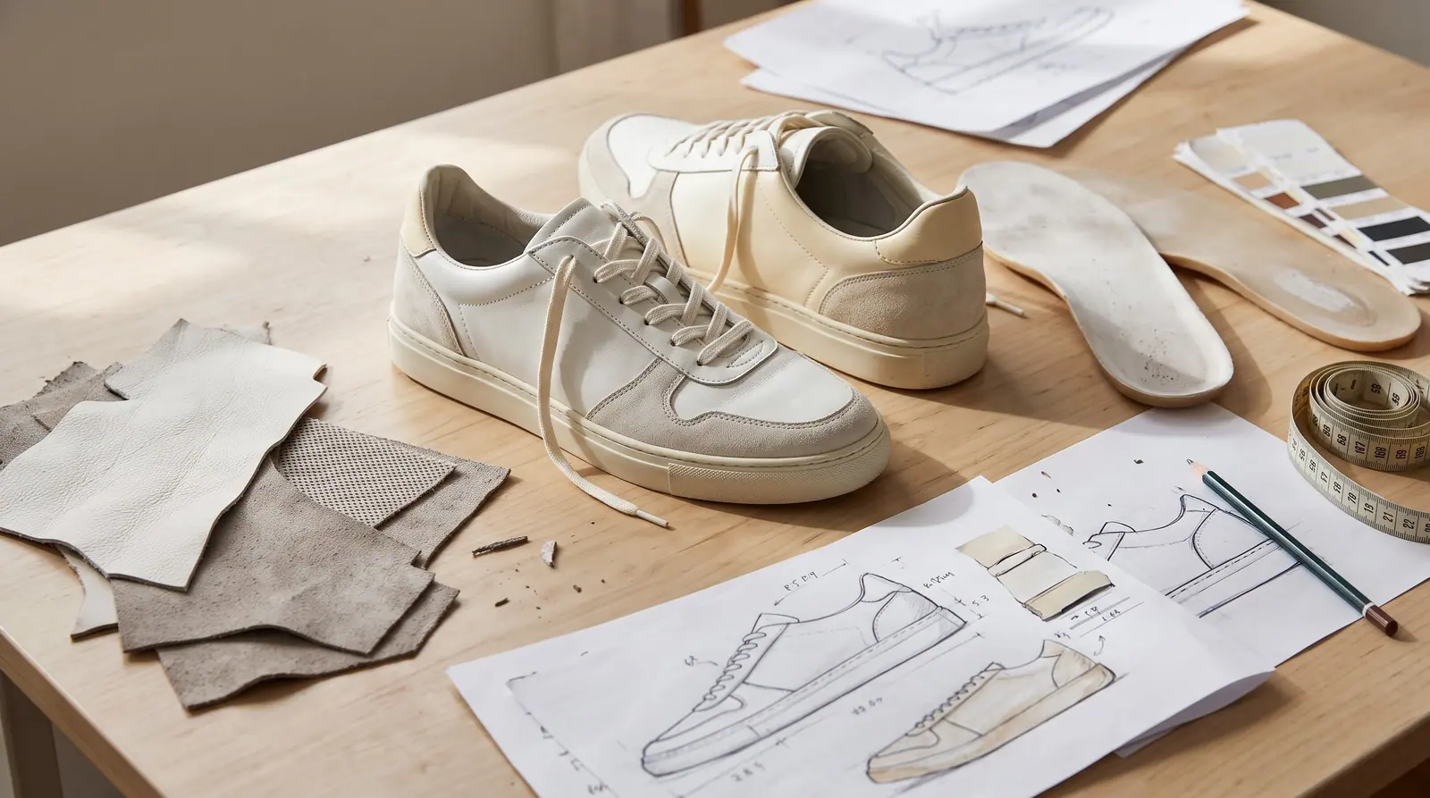 Cream casual shoes with material swatches, insole samples and footwear design drawings on a worktable