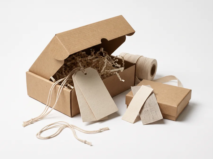 Kraft gift boxes with blank apparel hang tags, cotton cord and neutral woven trim swatches