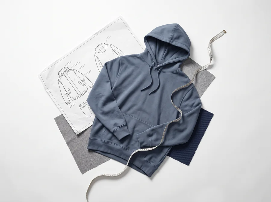 Blue hoodie with a garment drawing, fabric swatches and measuring tape