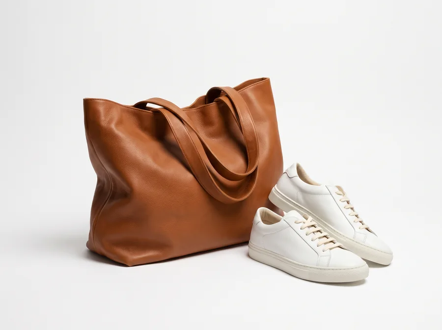 Brown tote bag and white sneakers arranged as sourcing references